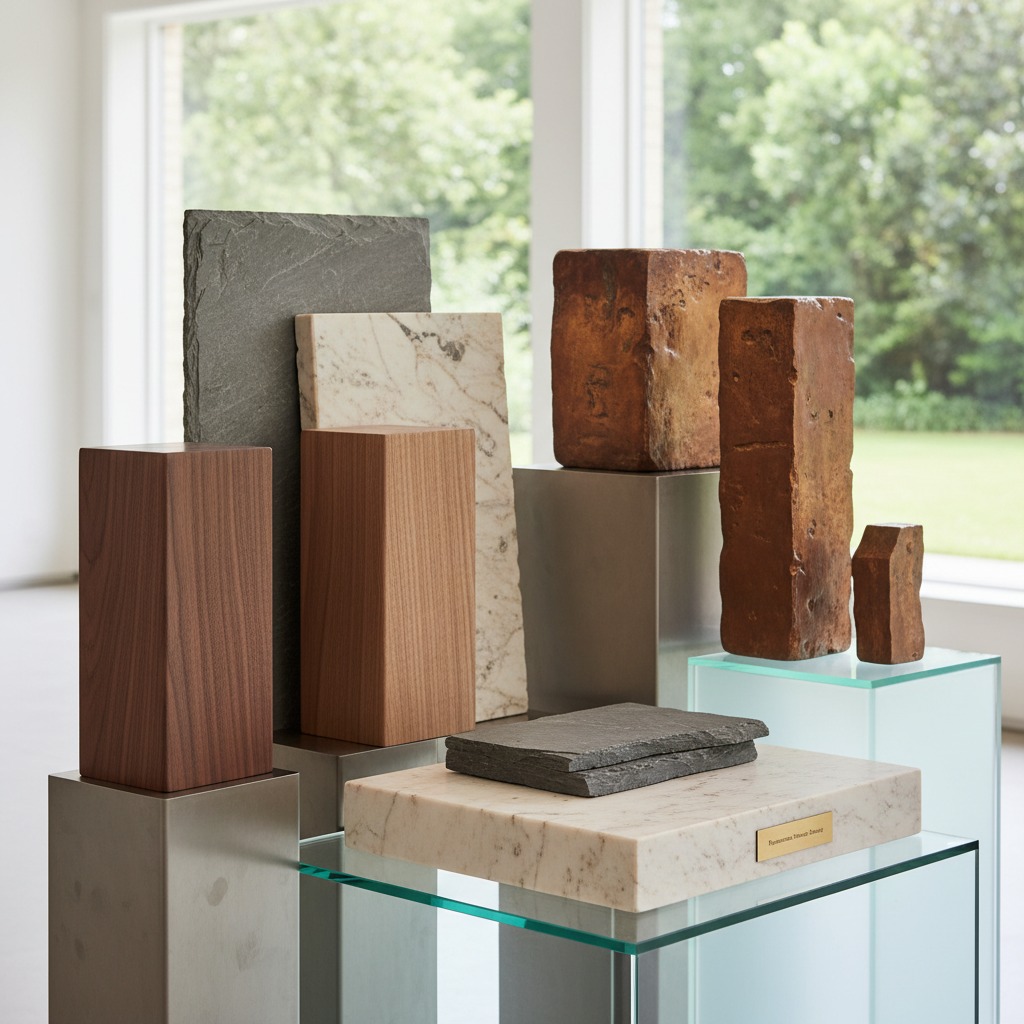 Verschiedene Materialmuster aus Holz, Stein, Marmor und Ziegeln sind dekorativ auf Sockeln vor einem hellen Fenster arrangiert.