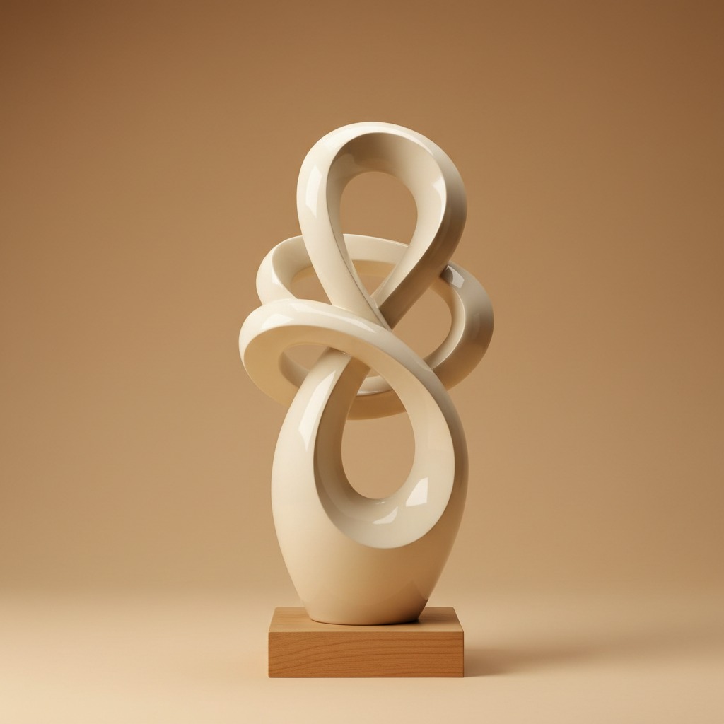 Eine abstrakte, cremefarbene Skulptur in Form einer ineinander verschlungenen Schleife steht auf einem quadratischen Holzsockel vor einem beigefarbenen Hintergrund.