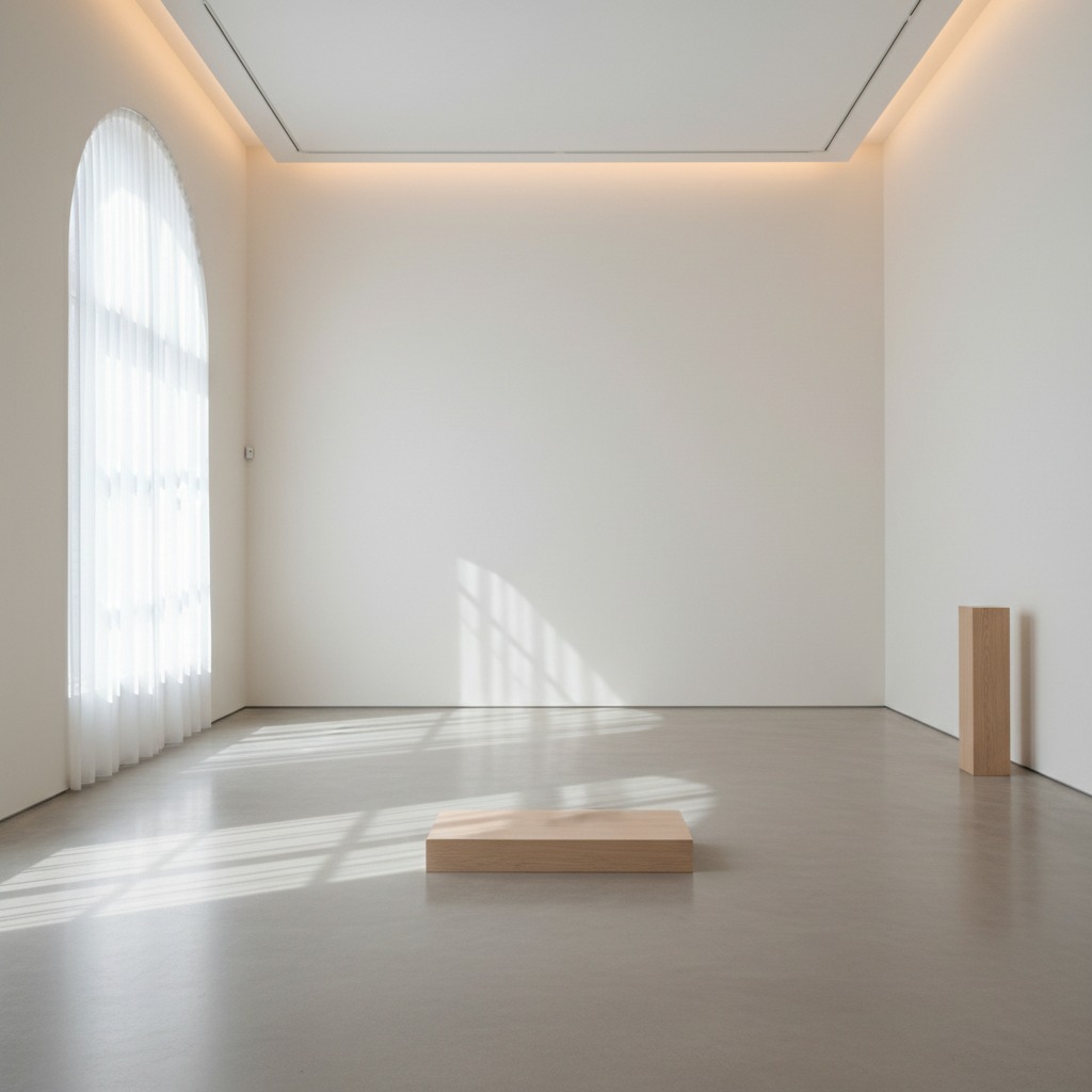 Ein minimalistischer, heller Ausstellungsraum mit einem hohen Bogenfenster, einem flachen Holzpodest in der Mitte und einer schmalen Holzsäule an der Wand.