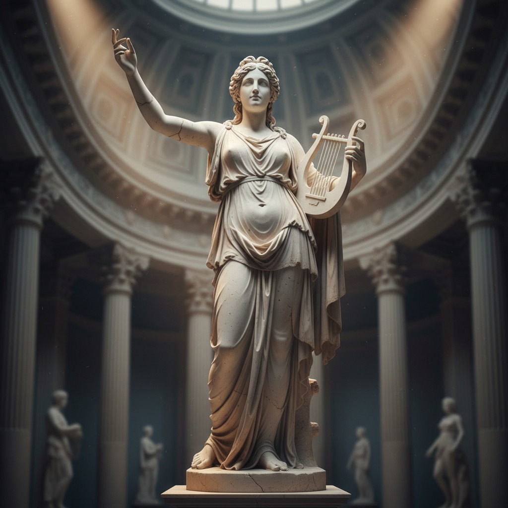 Eine Marmorstatue einer Frau mit einer Leier steht in der Mitte eines von Säulen umgebenen Kuppelsaals.