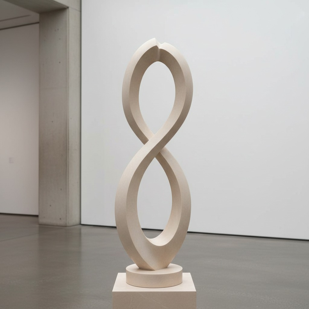 Eine abstrakte, hellbeige Skulptur in Form einer liegenden Acht steht auf einem quadratischen Sockel in einem minimalistischen Ausstellungsraum.